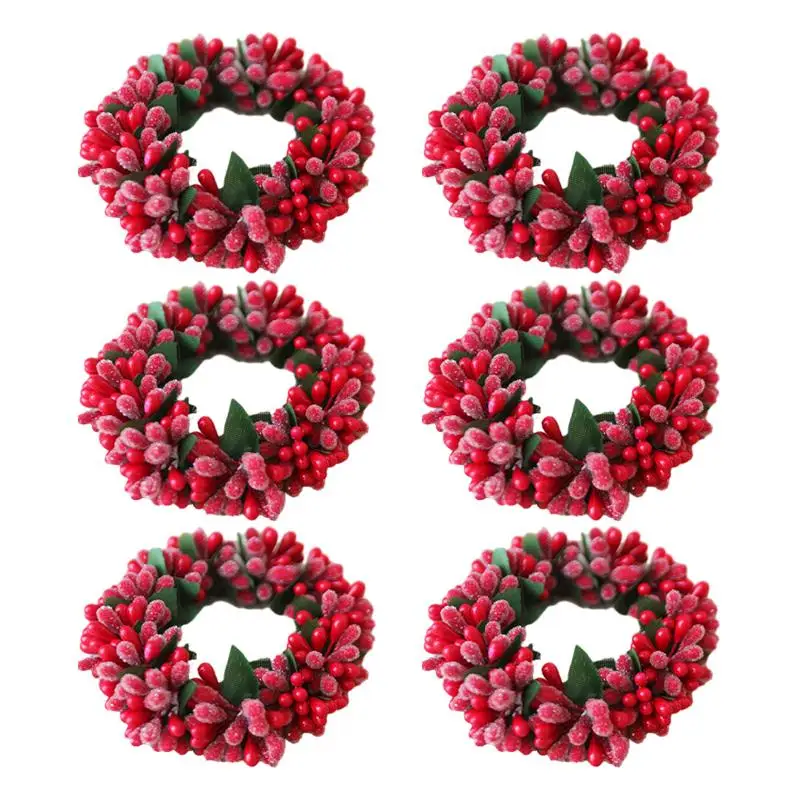6Pcs Christmas Candle Ring Wreath Ornament Pillar Candleholder for Tabletop Valentine`s Day Living Room Thanksgiving Decorations