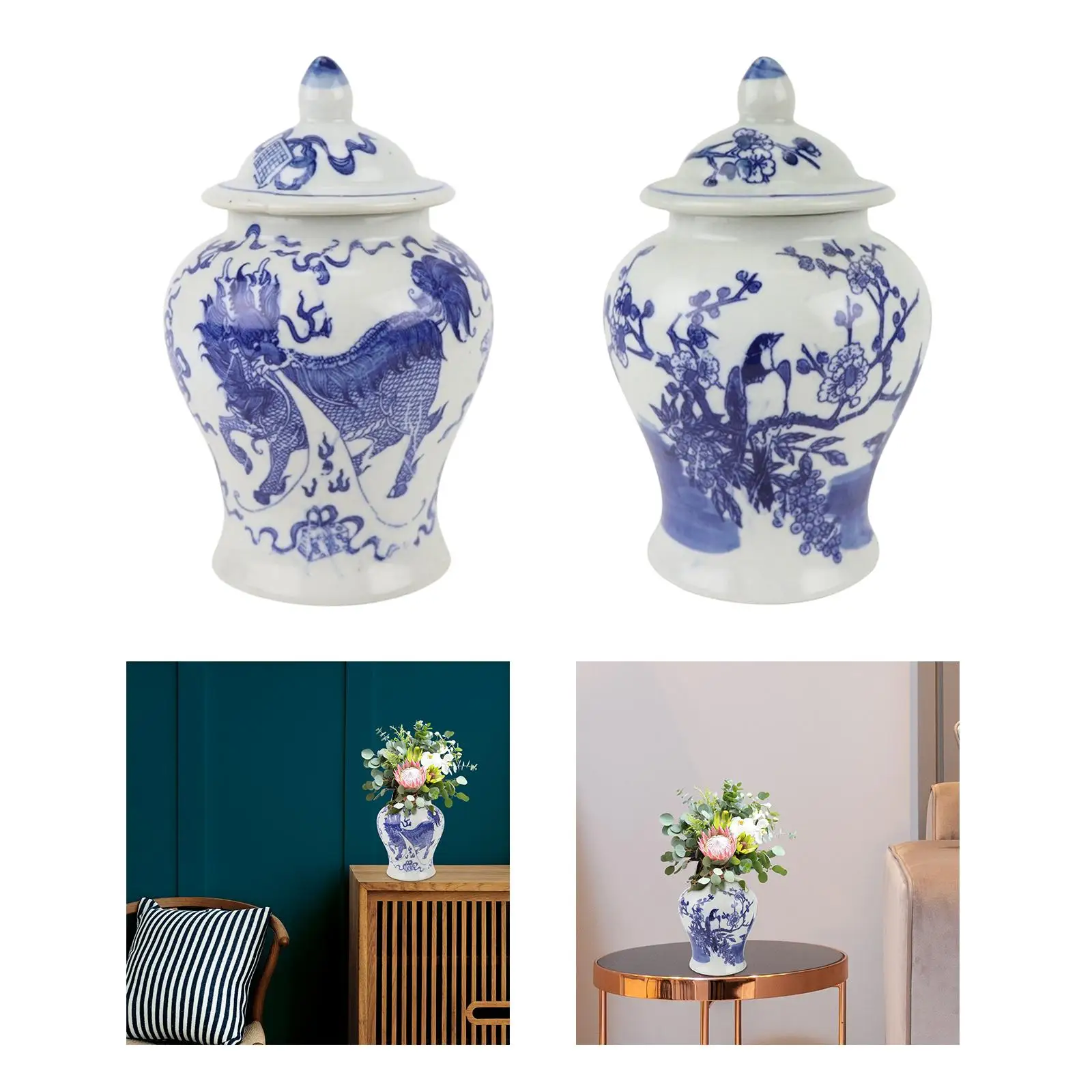 Blue White Ceramic Vase Tea Storage with Lids Ceramic Storage Jar Porcelain Temple Jar Decorative Jars for Dining Kitchen Decor
