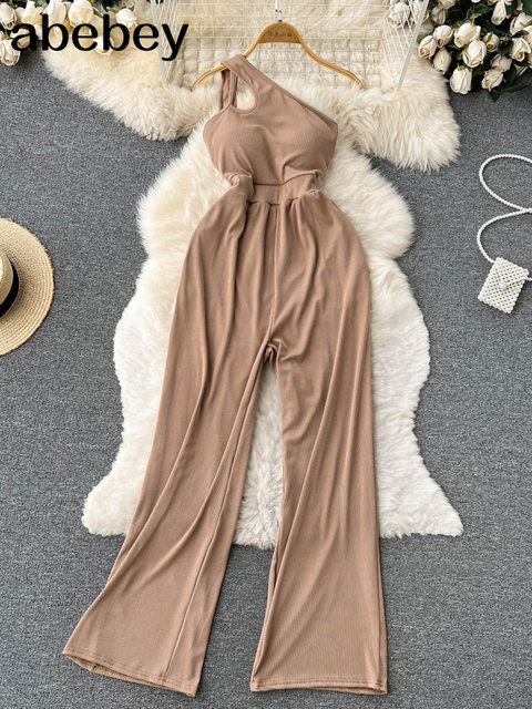 Women Jumpsuits Solid Color Strap Sweetheart One Shoulder High Waist Tube  Wide Leg Jumpsuit Pants Summer Casual Rompers