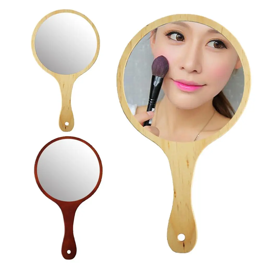 Wooden  Portable Round Cosmetic Mirror, Handheld  Mirror with Hanging Hole for Home and Travel Makeup Use
