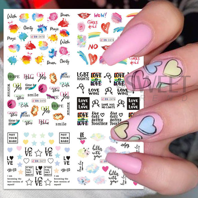 24pcs Rainbow French Tips Nail Water Sticker Colorful Feeling Fire Love  Heart Fashion Design Y2K Charm Decor Manicure Decal LYMJ - AliExpress