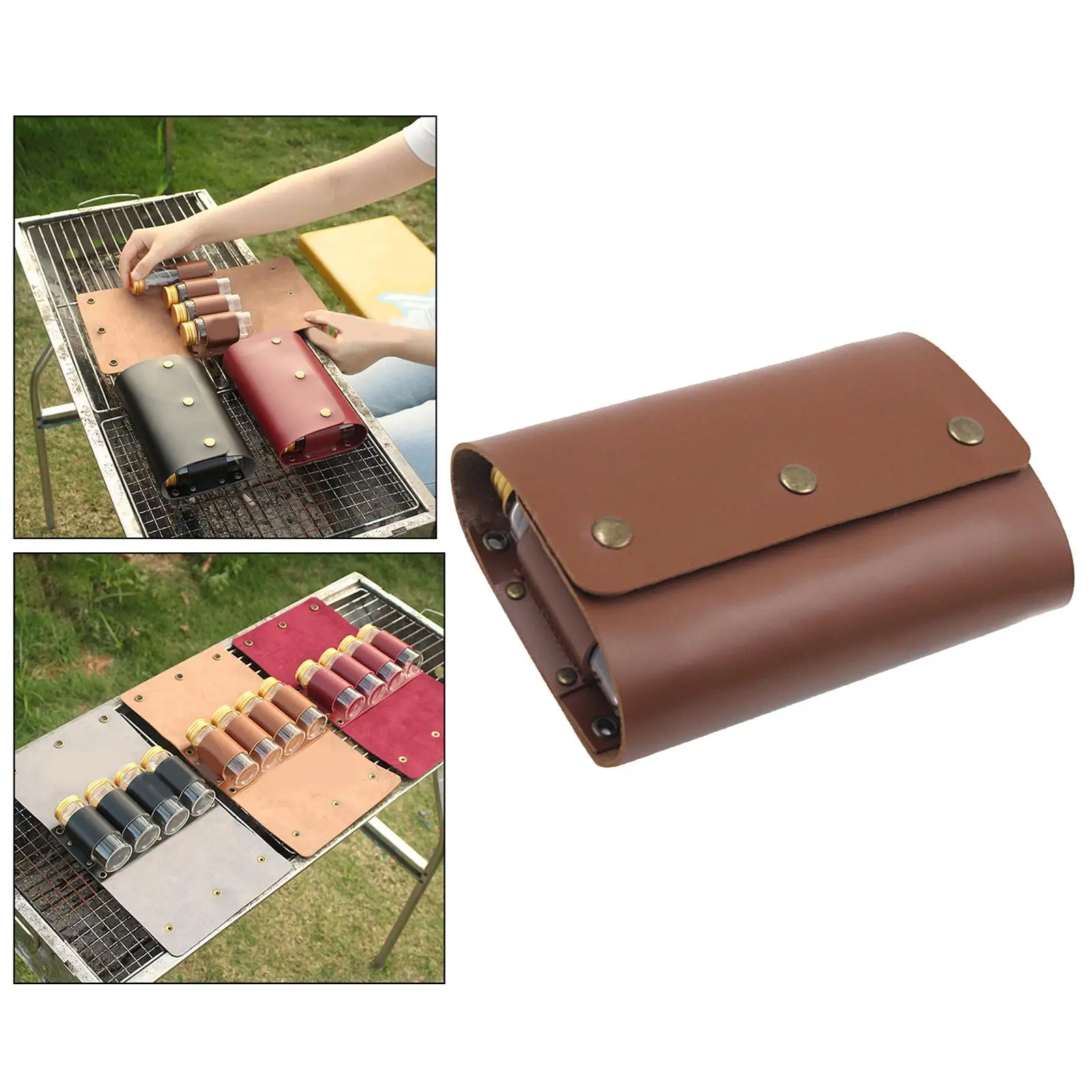 PU Leather Outdoor Seasoning Storage Bag Organizer with 4 Spice Jars for Traveling Barbecue Container Lightweight Family Use
