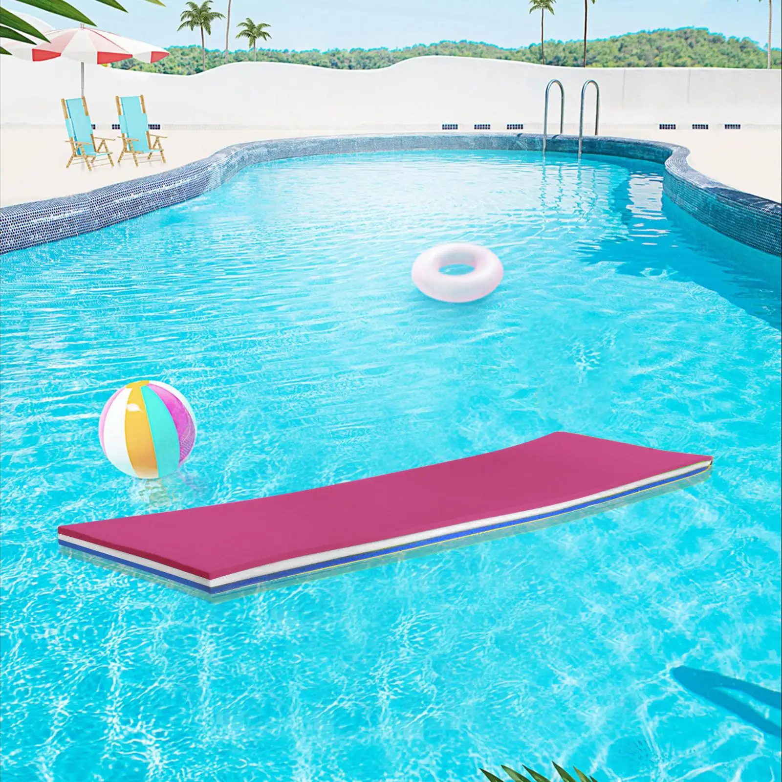 Pool Floating Water Mat 3 Layer Water Raft 43x15.7x1.3Inches for Playing, Relaxing, Recreation Roll up Pad Pink White Blue