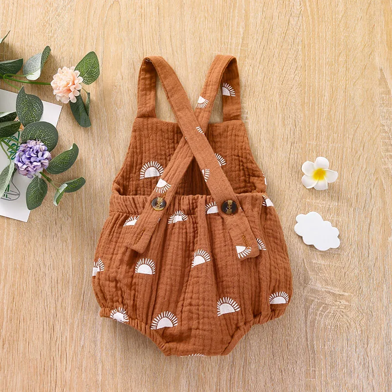 Newborn Baby Boys Girl Clothes Sun Printed Suspender Rompers Button Backless Casual Jumpsuits Children's Summer Clothing Bamboo fiber children's clothes