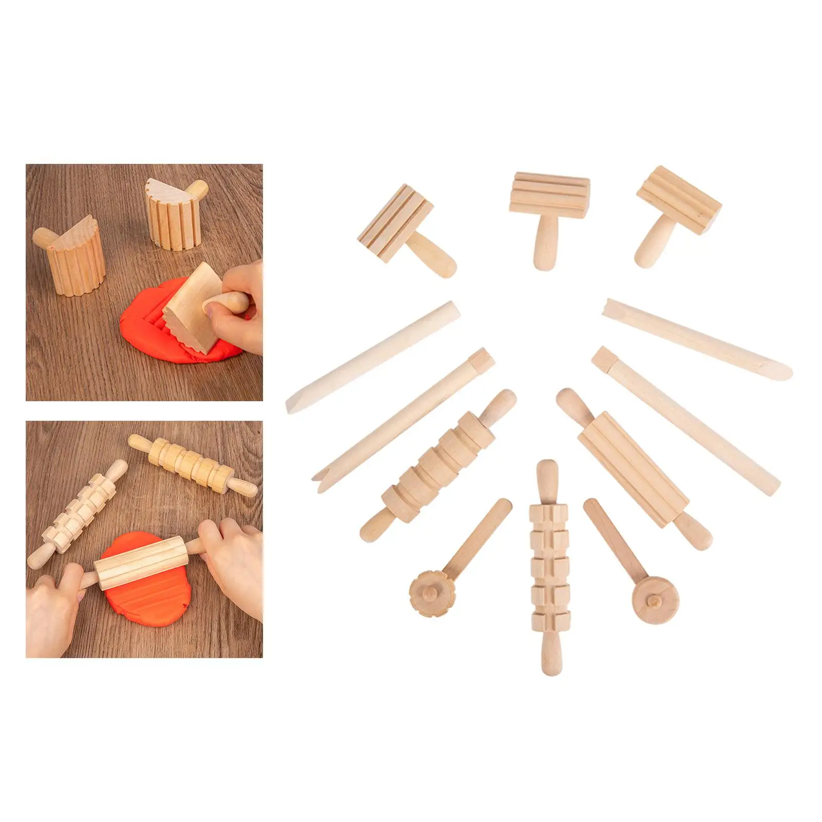 Wooden Dough Tools Set 12 Pieces Textured Rolling Pins Art Clay Ages 3 and up Pottery Tools Wooden Clay Stamp for Kids Crafts