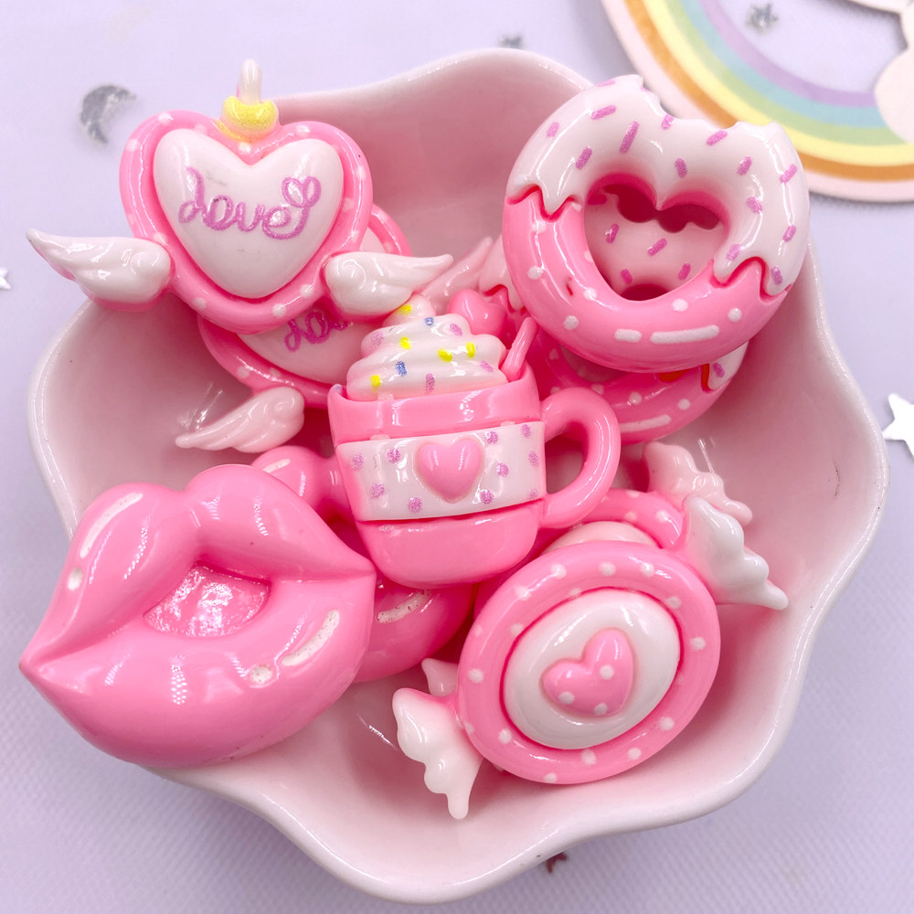 10PCS Harz Bunte Kawaii Rosa Candy Herz Donut Flache rückseite Stein Cartoons Sammelalbum Figuren DIY Bogen Dekor Zubehör Handwerk – Detail 1