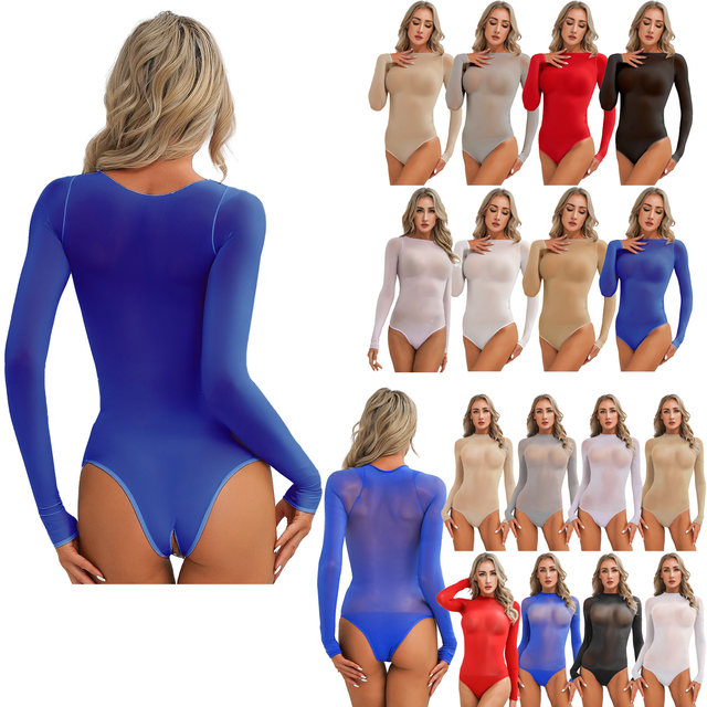 Women's Oily Tights Ultra-thin Bodysuits Shiny Open Crotch Long Sleeve  Catsuit Lightweight See-Through High Cut Leotard Clubwear - AliExpress