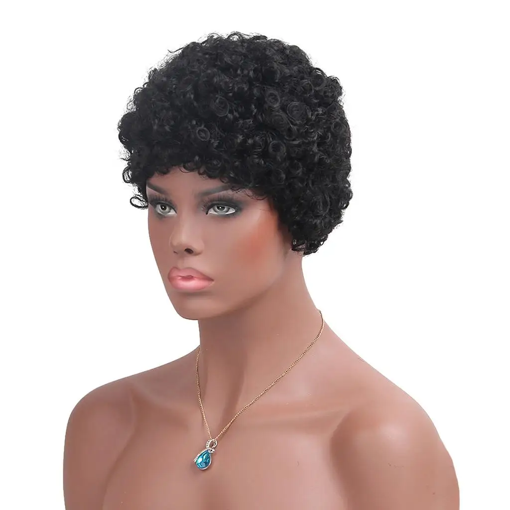 Human Hair Afro Kinky Curly Short Black Wig Women`s Natural Party Wigs