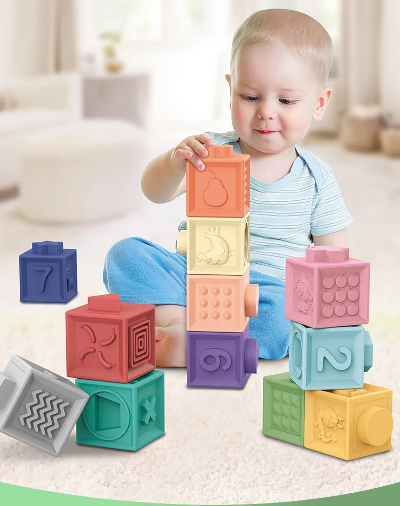 Seee05bdc961448a0a1bf1ab0396a9575T 12Pcs Baby Children Soft Plastic Blocks Colorful Puzzle Can Chew Silicone Blocks Building Brick Early Education Puzzle Touch Toy