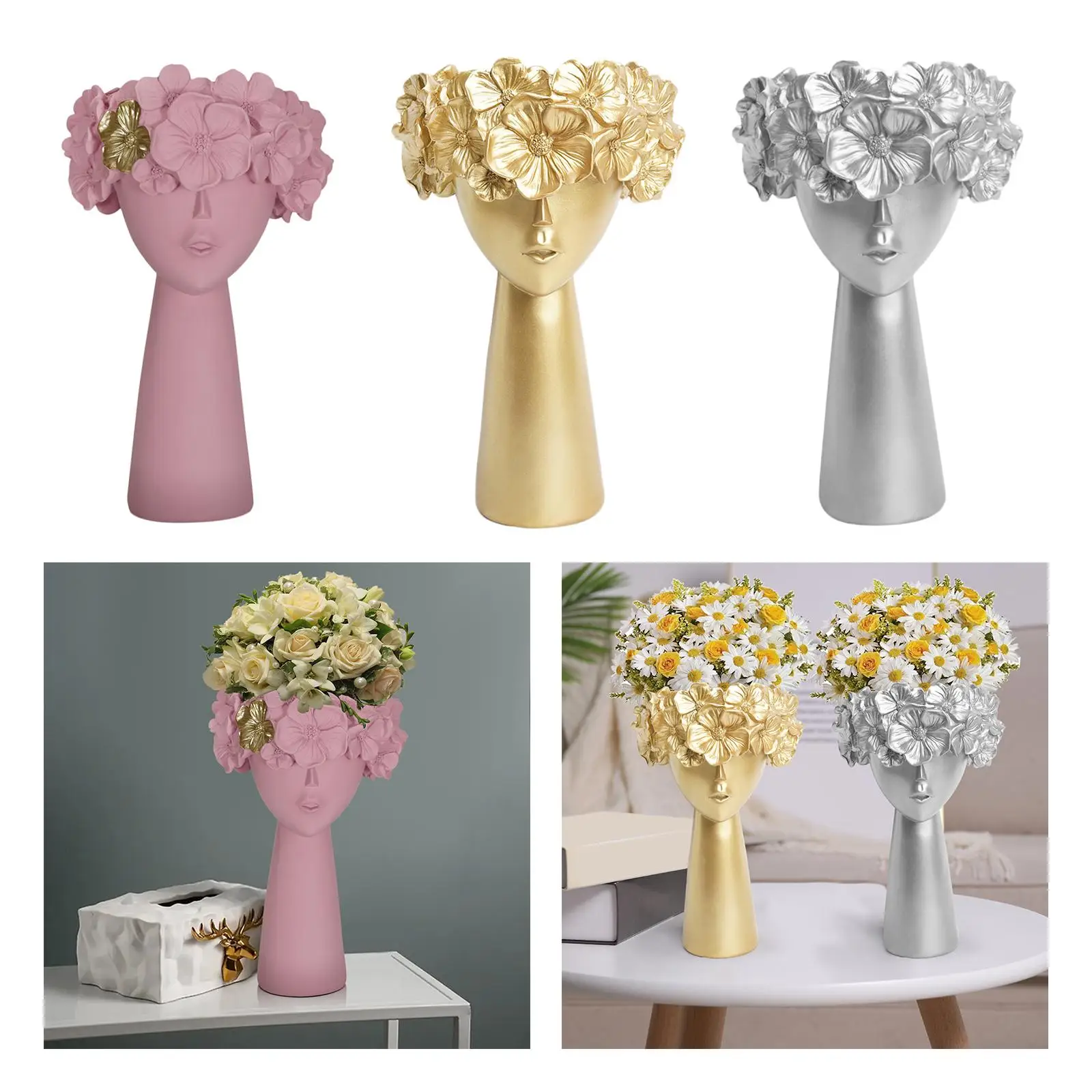 Women Head Shape Flower Vase Statue Planter Pot Desktop Sculpture Home Decor