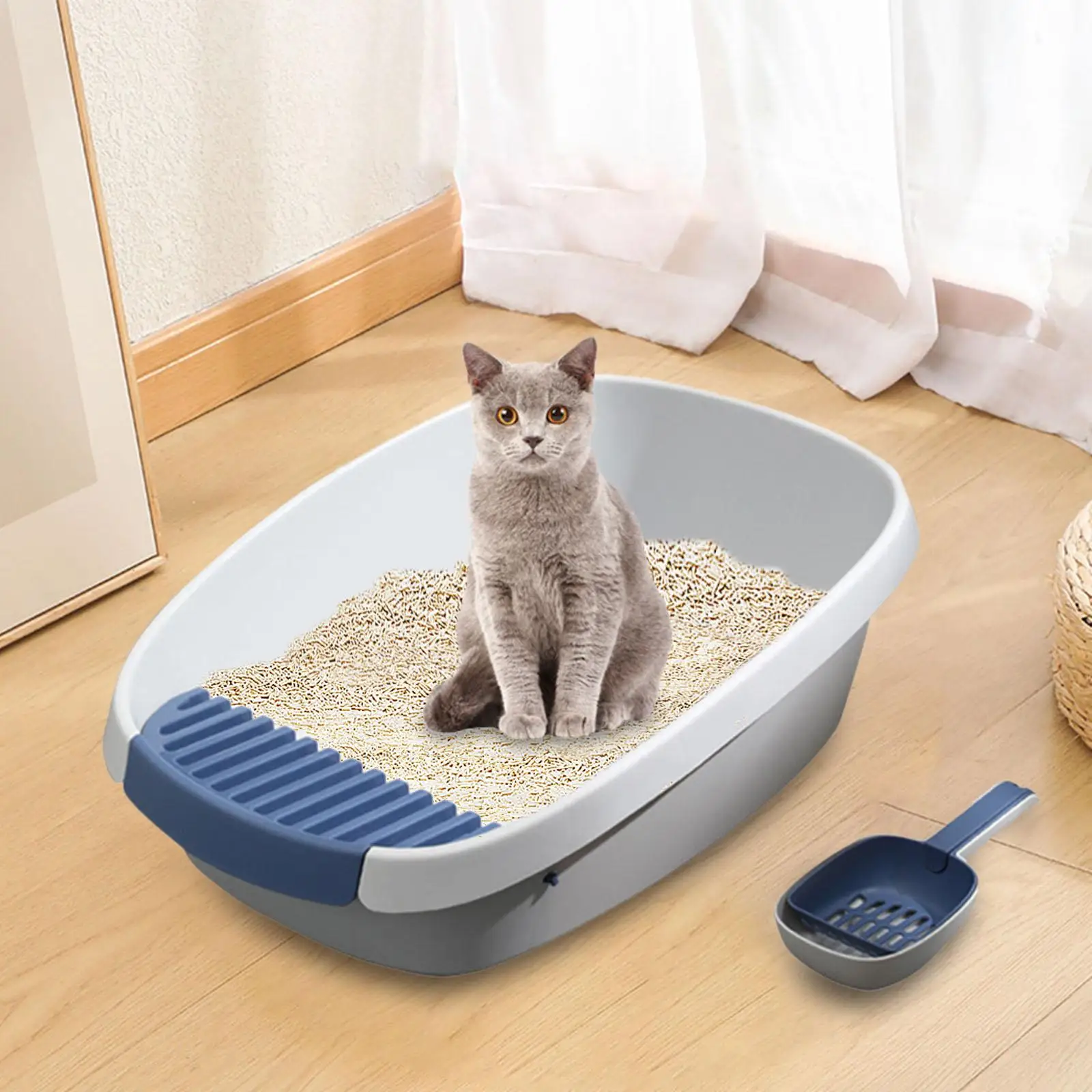 High Sided Open Cats Litter Box and Spoon Potty Toilet Anti Splashing Portable Nonstick Large Space Splashproof Pets Supplies