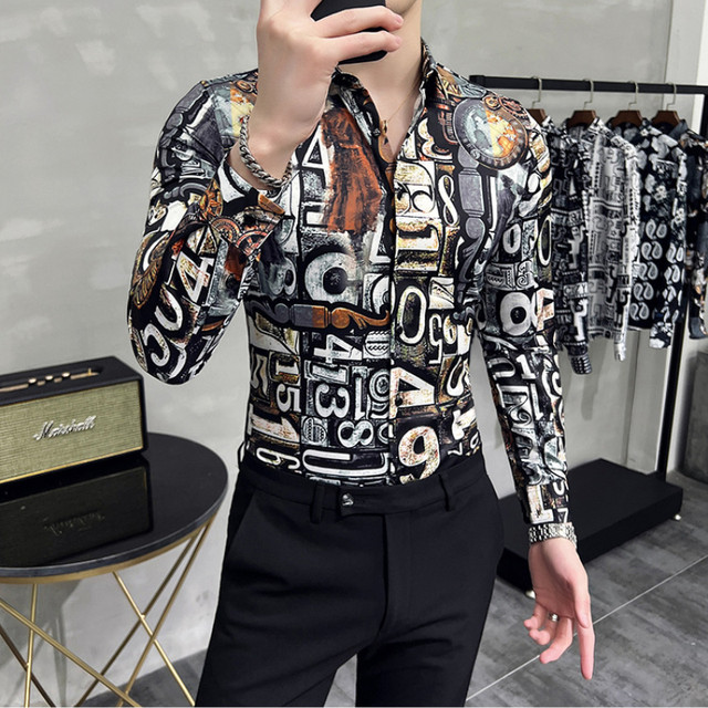 2021 Autumn Star Print Men's Shirt Long Sleeve Casual Shirt Slim Streetwear  Social Party Nightclub Clothing