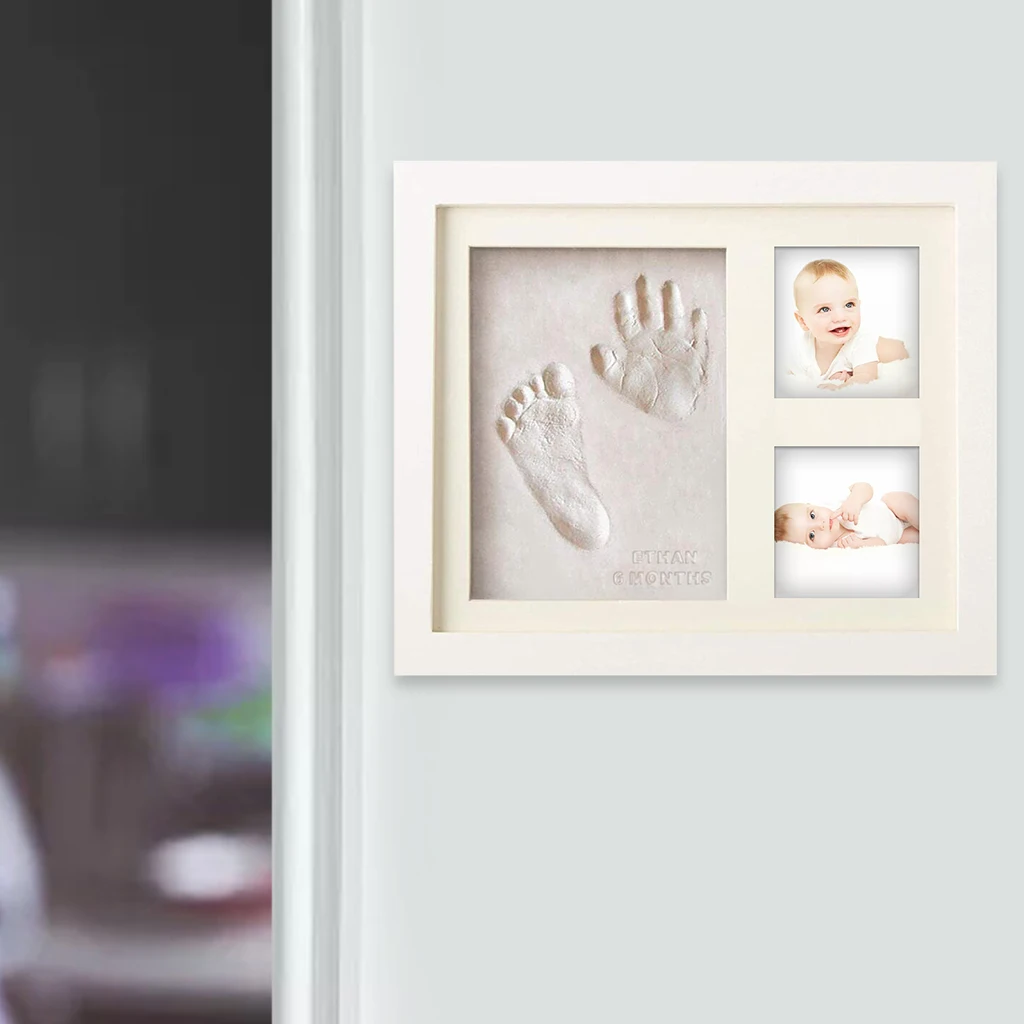 Baby Clay Handprint Footprint Kit Newborn  W/ Wood Photo   Nursery Ornament