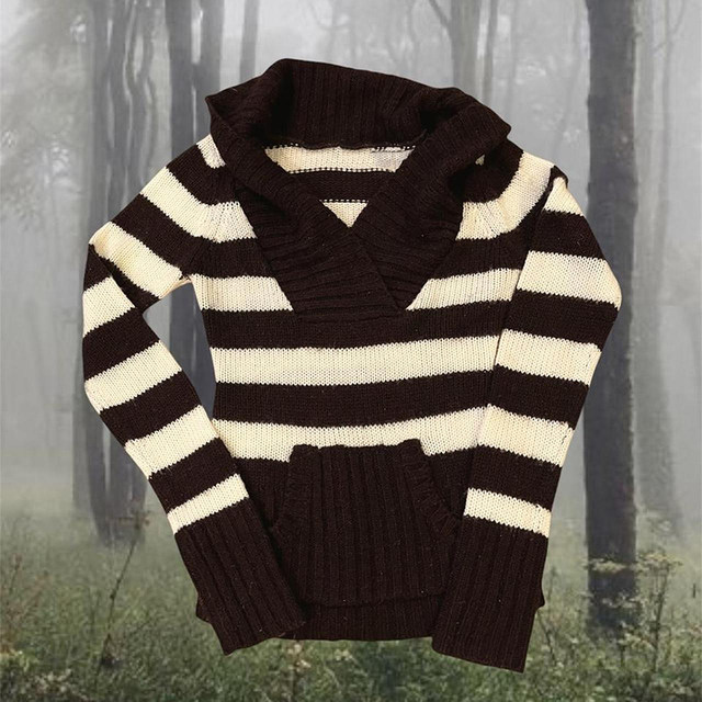 Y2K Brown White Striped Knitted Sweater Preppy Fairy Grunge 00s