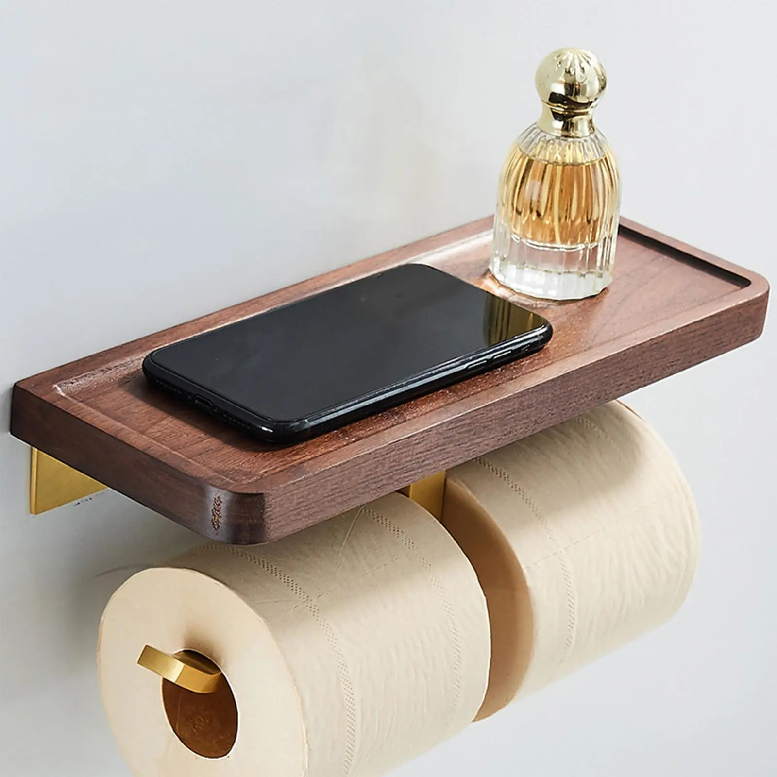 Walnut Wood Toilet Paper Holder with Shelf,Phone Holder,Stainless Steel Toilet Paper Roll Holder