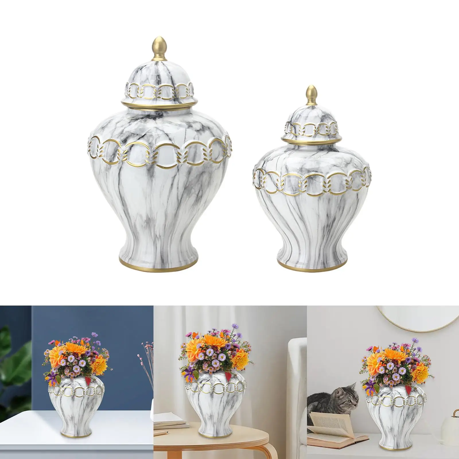 Ceramic Vase Ginger Jar with Lid Marble Pattern Table Floral Arrangement Temple Jar Elegant Versatile for Bookshelf Shelf Decor