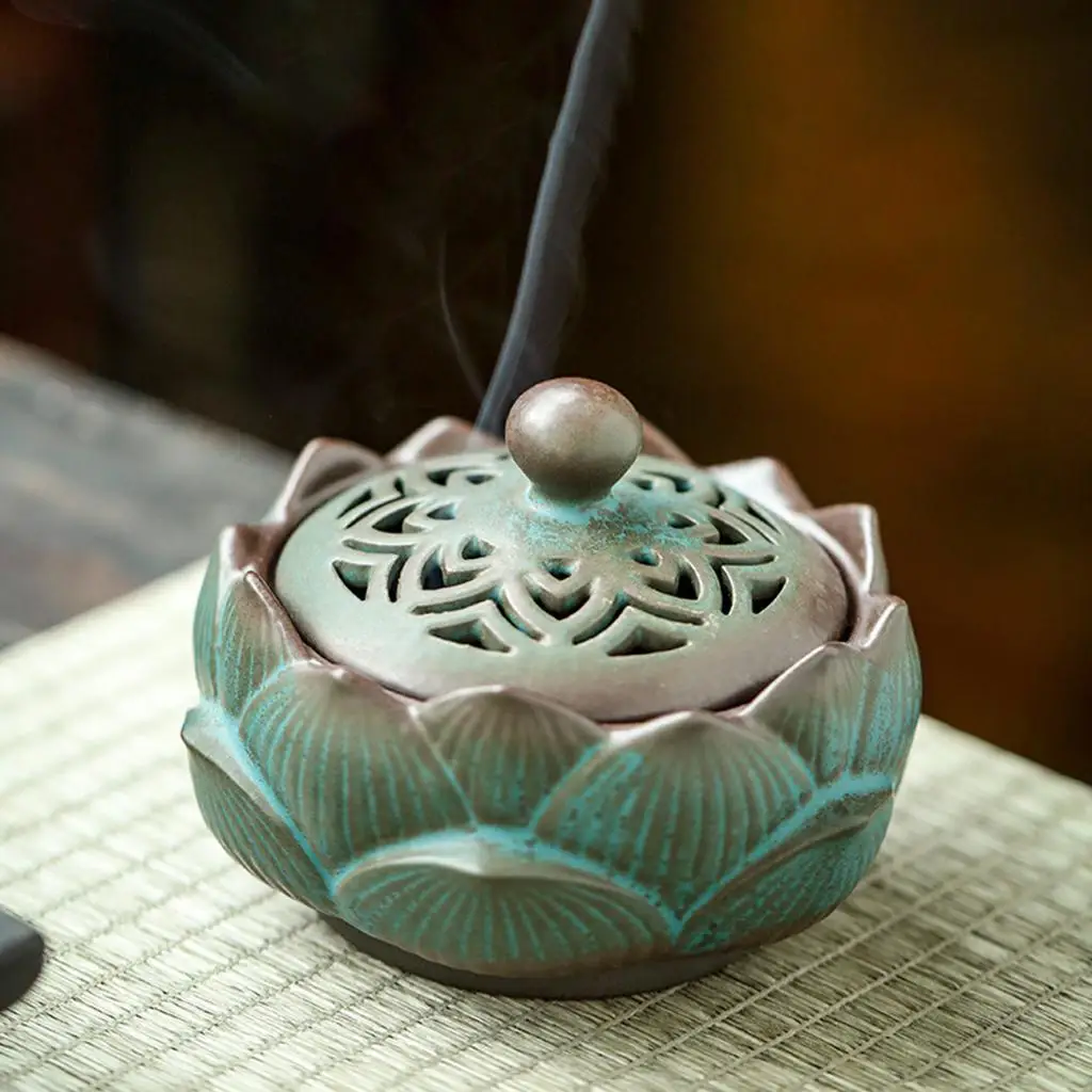 Ceramic Incense Burner Feng Shui Lotus Zen Incense Coil Holder Censer for Aromatherapy Tea House Meditation Tabletop Decoration