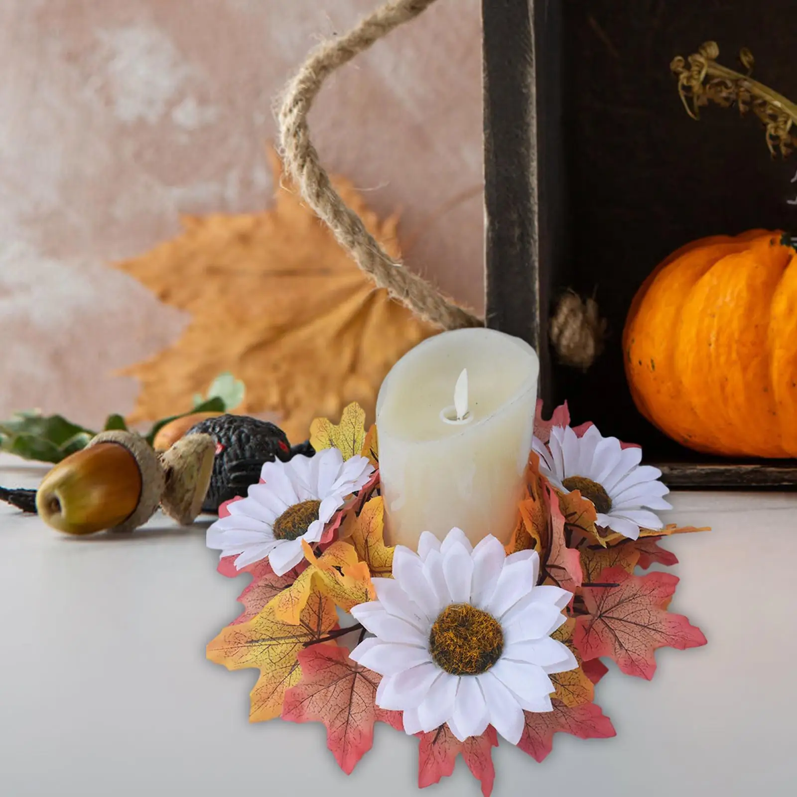 Candle Ring Wreath Fall Farmhouse Wreath for Living Room Tabletop Halloween