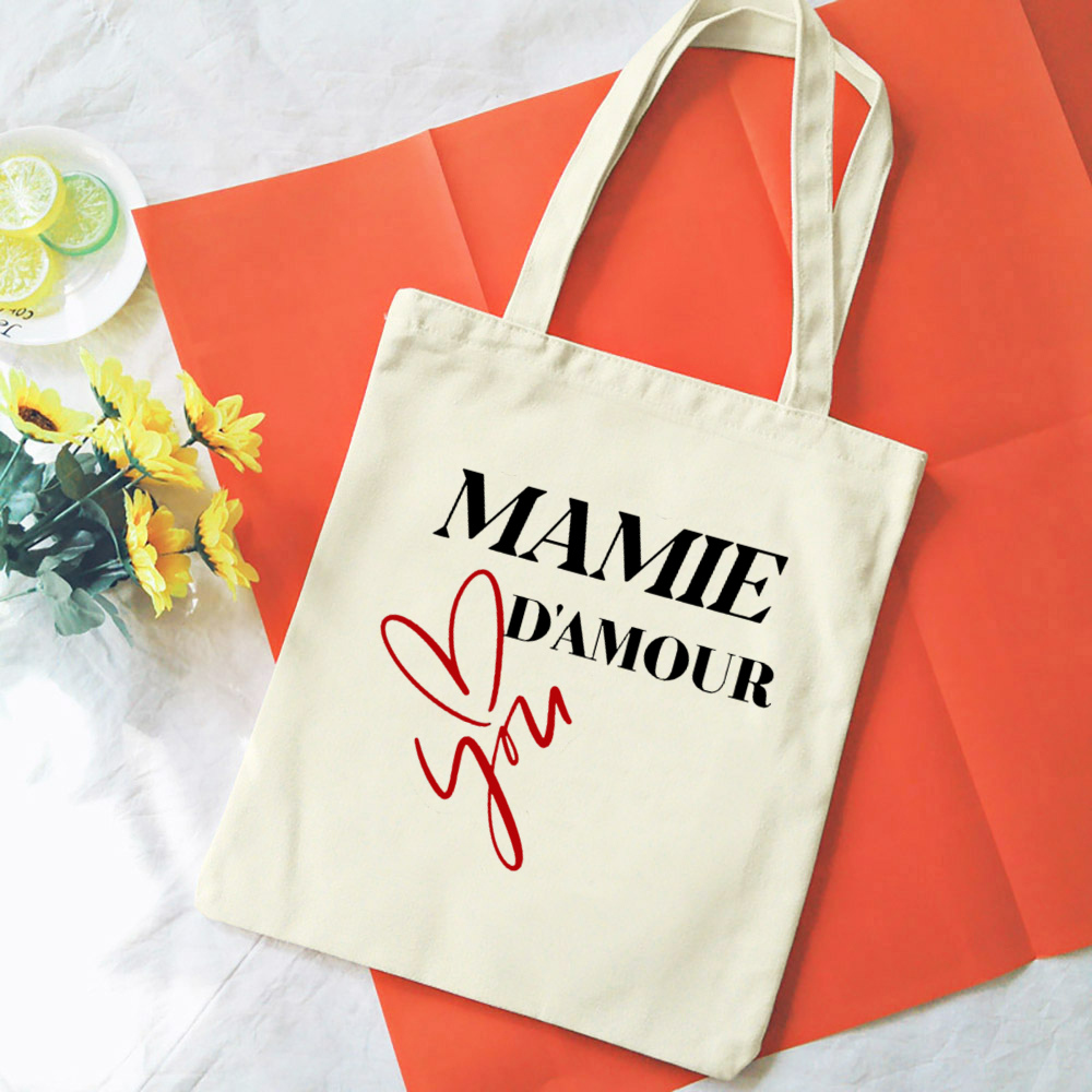 Französische Mamie-Druck-Schultertaschen aus Segeltuch, weibliche Einkaufstaschen, Damen-Reisehandtaschen, umweltfreundliche, wiederverwendbare Aufbewahrungstasche, Geschenke für Oma – Detail 6