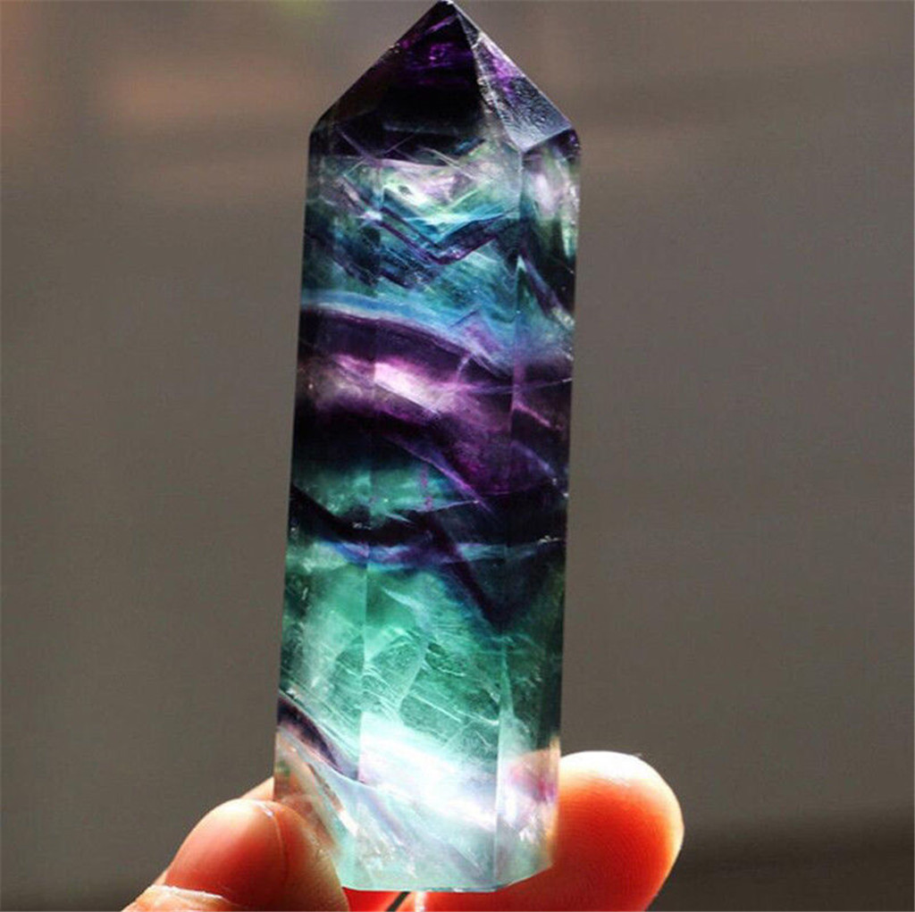 Natural Fluorite Crystal Colorful Striped Fluorite 4-7CM Quartz Crystal Stone Point Healing Hexagonal Wand Treatment Stone 7 Natural Colorful Striped Fluorite crystal specimen, 4–7CM in size, displaying clear, distinct bands of purple, green, and blue hues on a translucent surface.