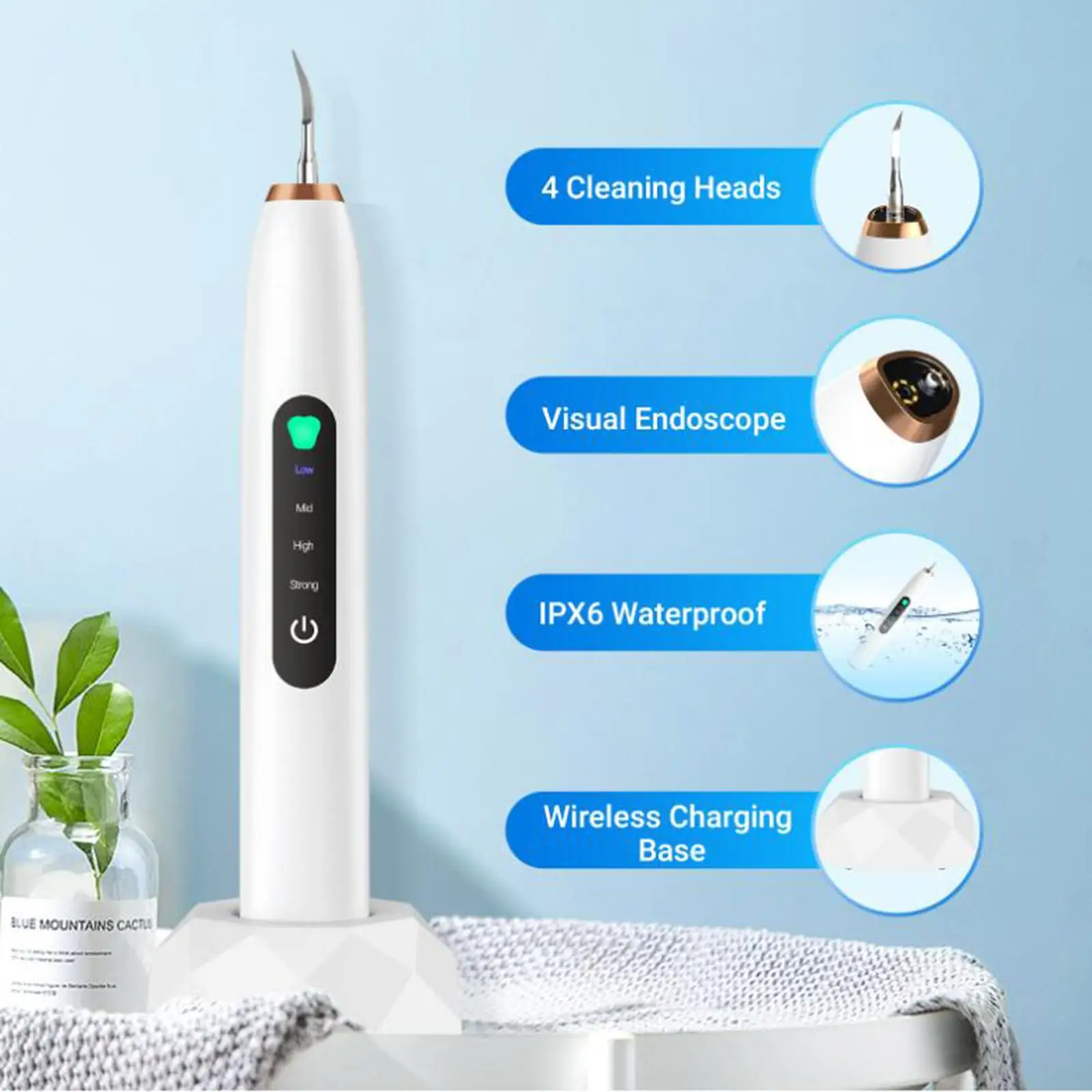 Ultrasonic Tooth Cleaner Visual Stain Eliminator 4 intensities with Camera Irrigator Teeth Rechargeable Ultrasonic Cleaning Set