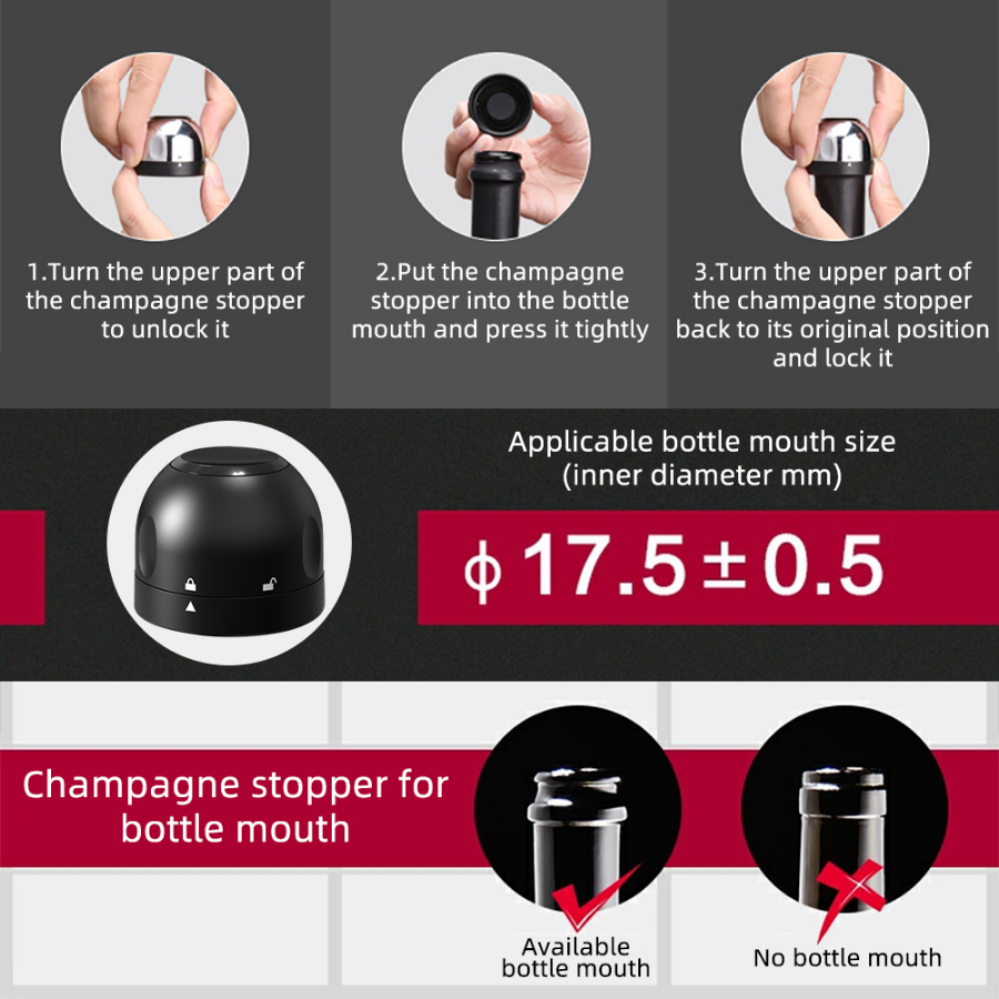 Description Picture 5 of item1/3Pcs Wine Bottle Stoppers Vacuum Sealed Cap Champagne Bottle Stopper Reusable Leak-proof Storage for Wine Plug Barware Tools