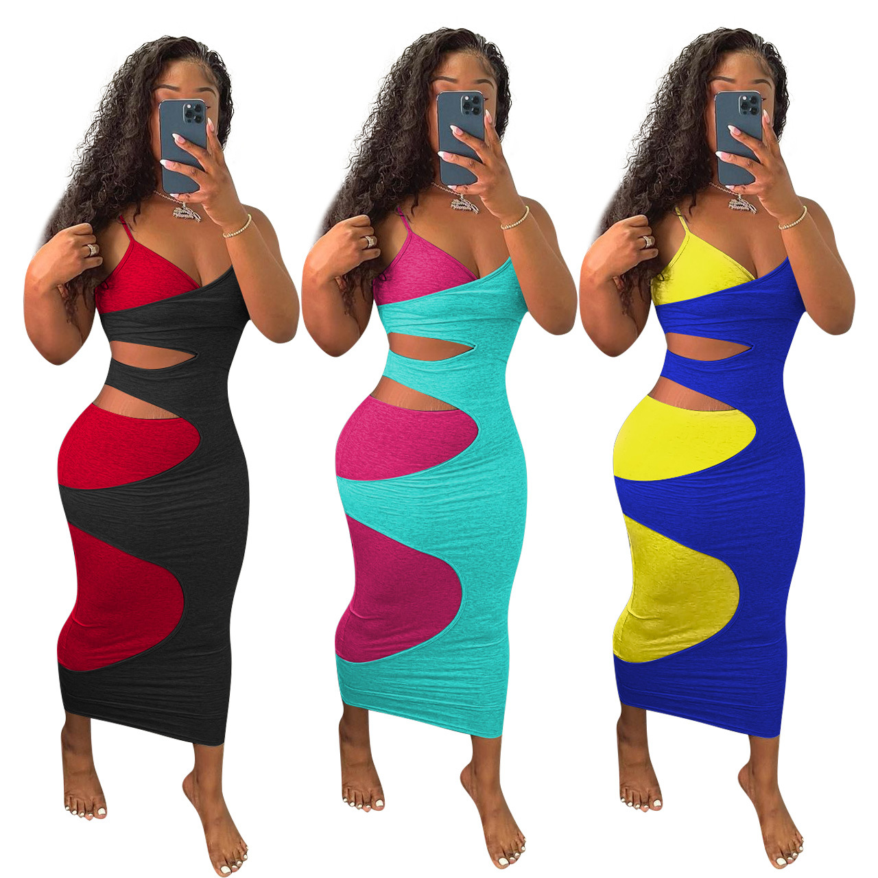 Dress for Women 2023 New Multi-color Color Matching Sexy Suspender Dress  Ladies Backless Hollow Out Sexy Dress | AliExpress