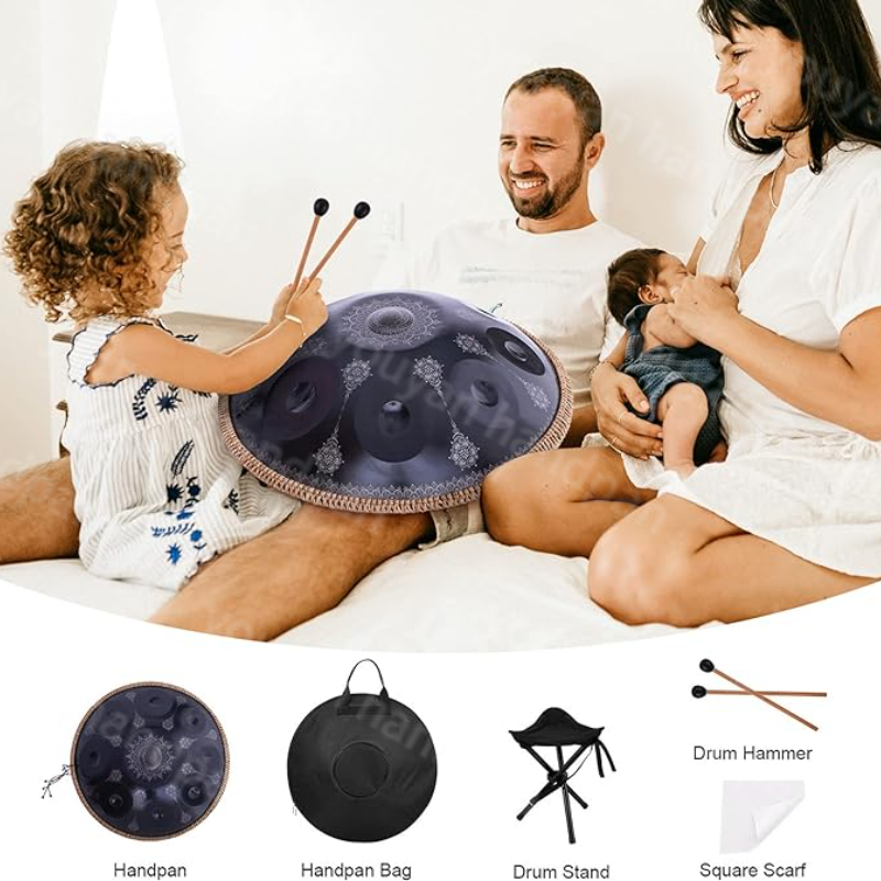 Description Picture 5 of item432/440Hz engraved hand pan drum 22 inch D minor blue steel tongue drum yoga meditation therapy music drum percussion instrument