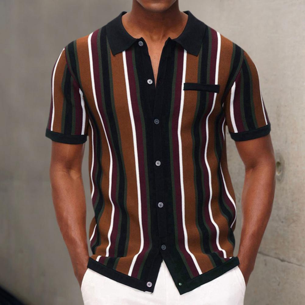 Men's Summer Knitted Shirt Contrast Color Single breasted Short Sleeve Stripe Print Knitted Summer Tops Male Clothes 12 Sef7e47bdb4cf41b2b52b515089d2da12W