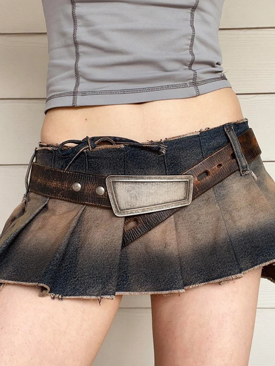 Vintage Y2K Low Waist Denim Pleated Mini Skirt with Belt Detail (34 EU –  Michelle Tamar