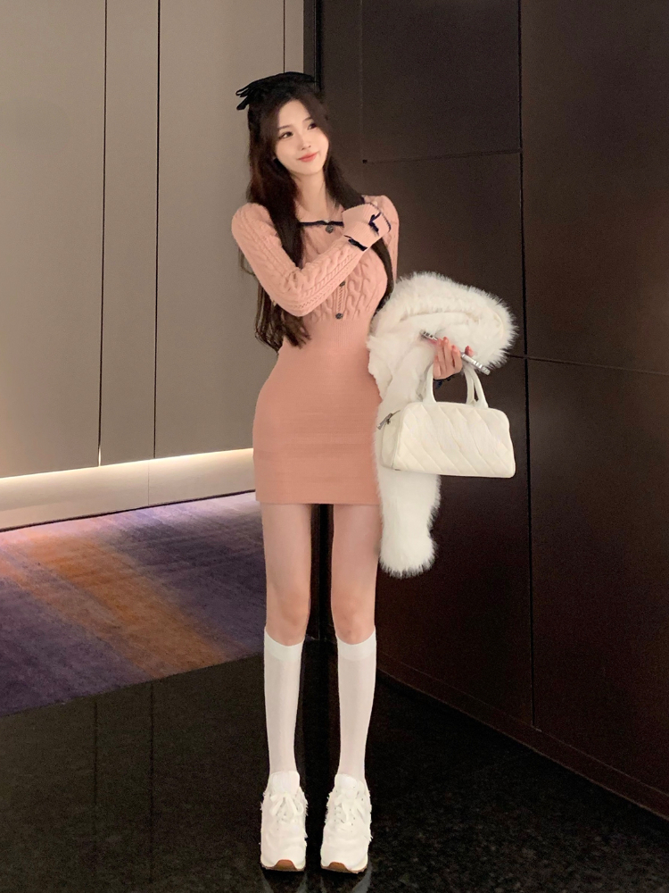 inverno elegante vestido de malha das mulheres kawaii roupas bodycon mini vestido feminino magro uma peça vestido coreano moda chique