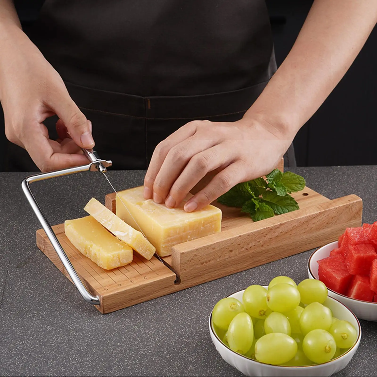Wooden Cheese Slicer with Stainless Steel Wire Kitchen Tool Adjustable Thickness Cheese Board with Slicer Home Cutting Board