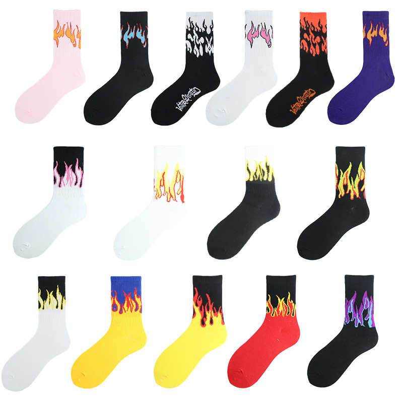 Description Picture 3 of item1 pair women Fashion Hip Hop Hit Color On Fire Crew Socks Red Flame Blaze Power Torch Hot Warmth Street Skateboard Socks