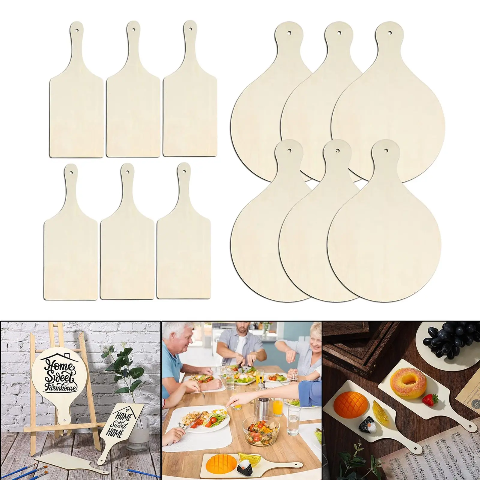 6x Natural Serving Tray  Cheese Board Table Centerpiece Paddle Rustic Unpainted Wooden Chopping Board for Meat Dinner Parties