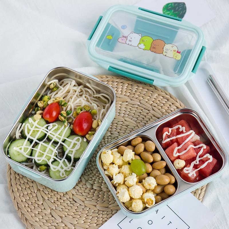 Mit zufälligem Muster Cartoon Lunchbox Edelstahl Doppelschicht Lebensmittelbehälter Tragbare Kinder Picknick Schule Bento – Detail 6