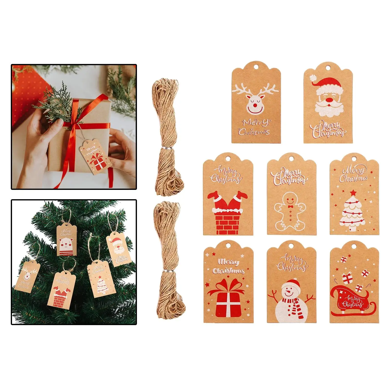 8x Christmas Kraft Paper Tags String Retail Price Tags for Wedding Holiday Christmas Gift Wrapping