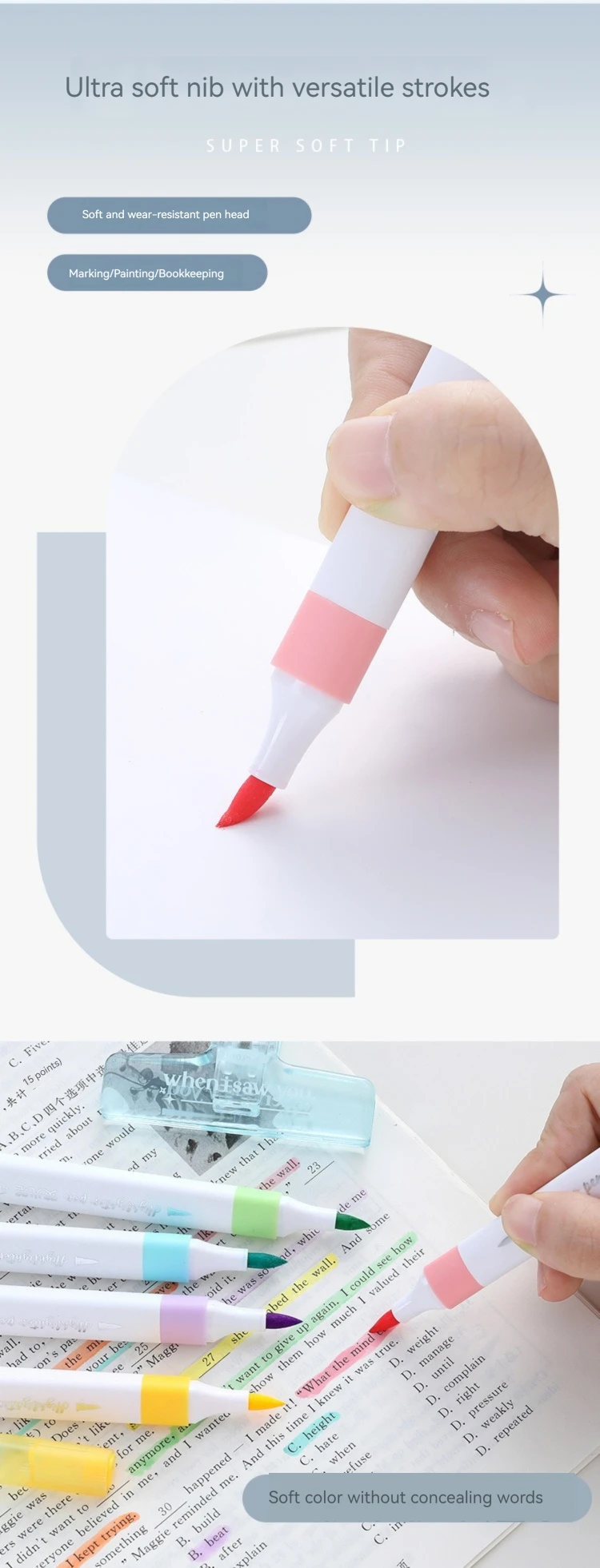 6-Farben-Textmarker-Set in Pastellfarbe, Pinsel, fluoreszierende Marker, Textmarker, Kunstmarker, japanisches süßes Kawaii-Briefpapier – Detail 3