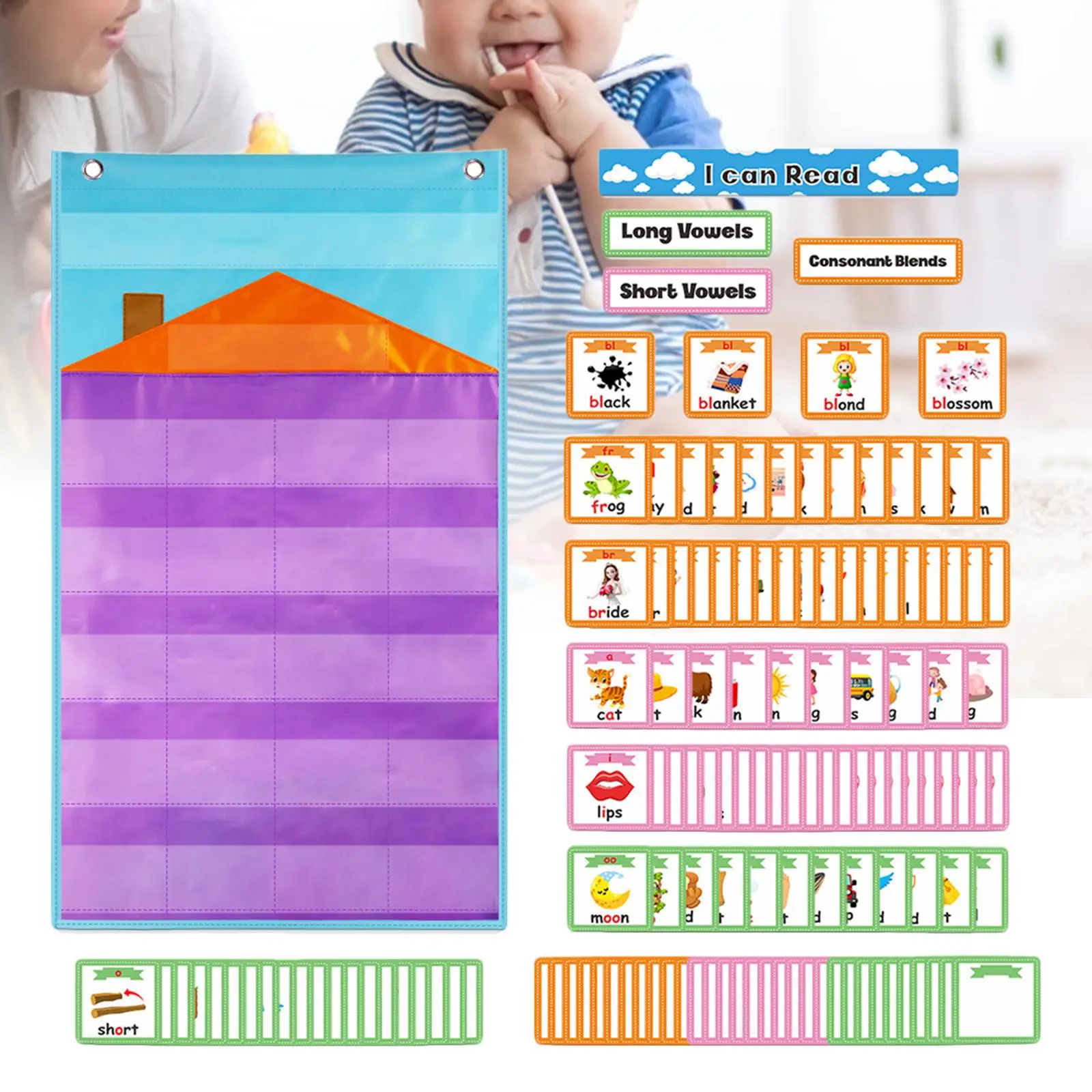 Wall Hanging Teaching Pocket Chart with 154 Vowel Card Grammer Learning English Teaching Prop for Kids Educational Teacher
