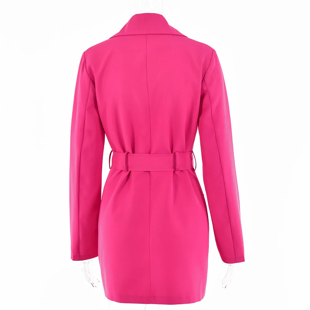 Women Blazer Dress Turn-down Collar Long Sleeve Belt Pocket Coat Office Lady Casual Jacket Single Suit Spring Fall Streetwear