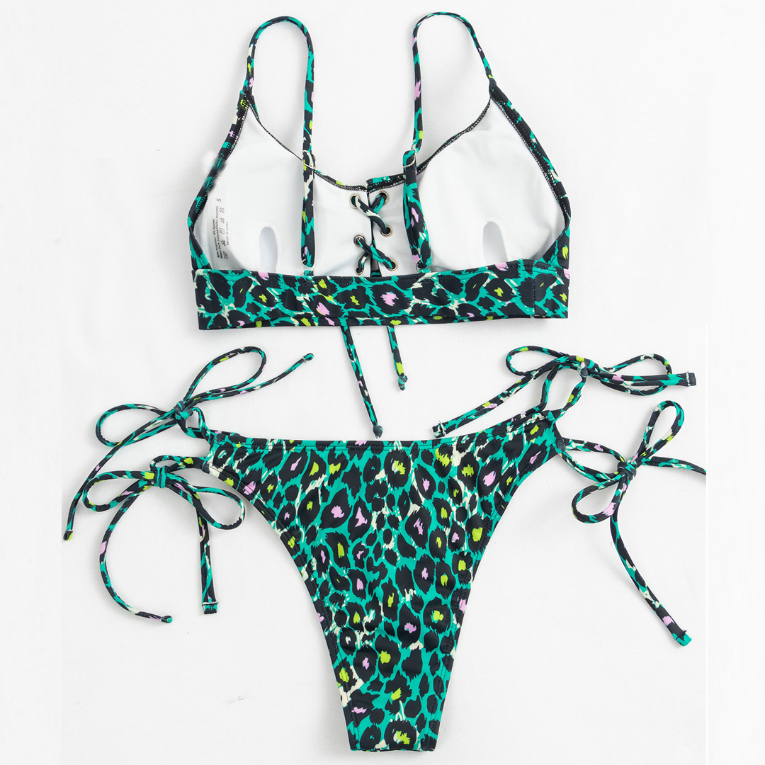 nova sexy bikini feminino verde leopardo impressão banho maiô atado biquinis definir maiô praia biquíni feminino empurrar para cima