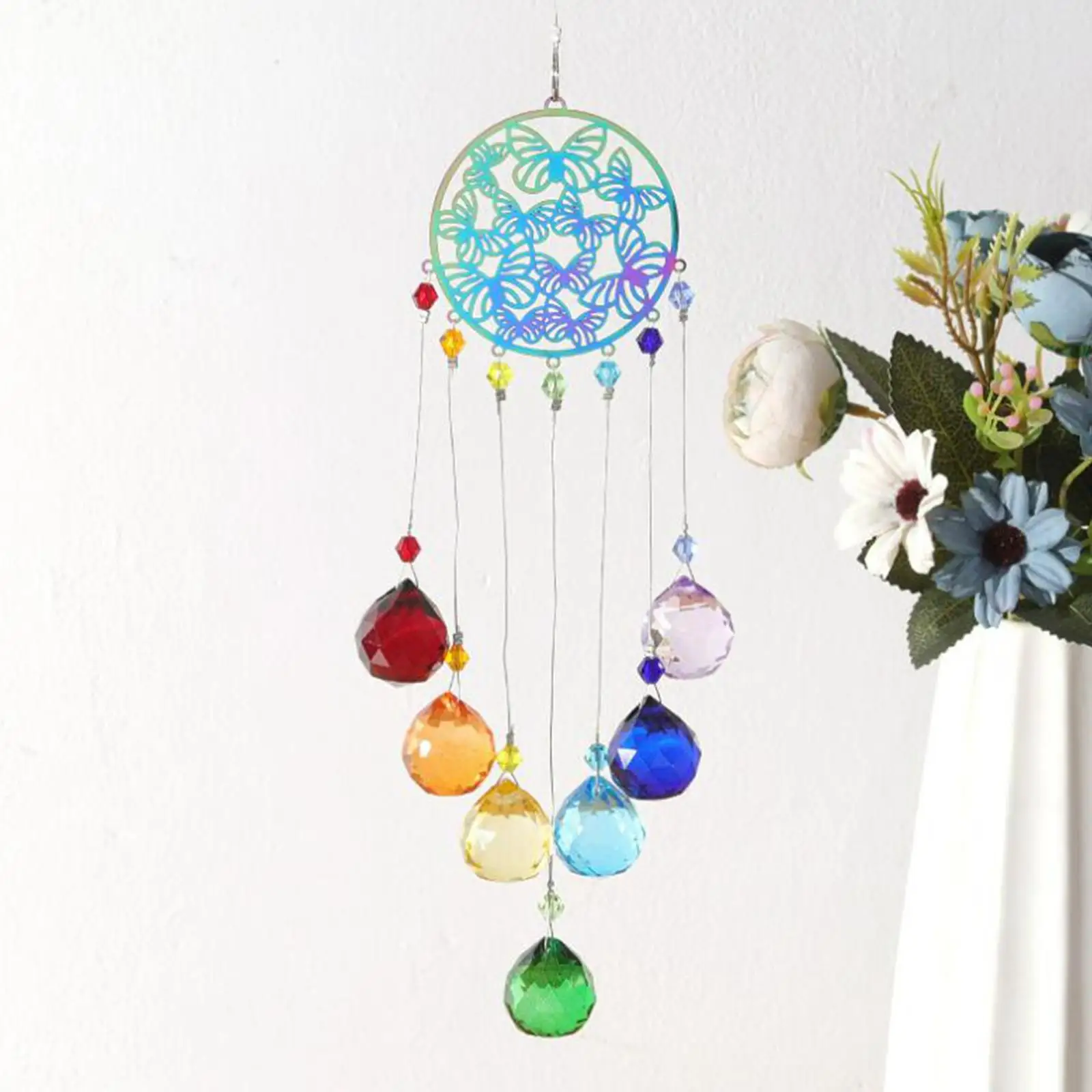 Hanging Crystal Wind Chime Prism Beautiful Pendants Colorful Wind Bell for Car Charm Wedding Wall Garden Decor Gift