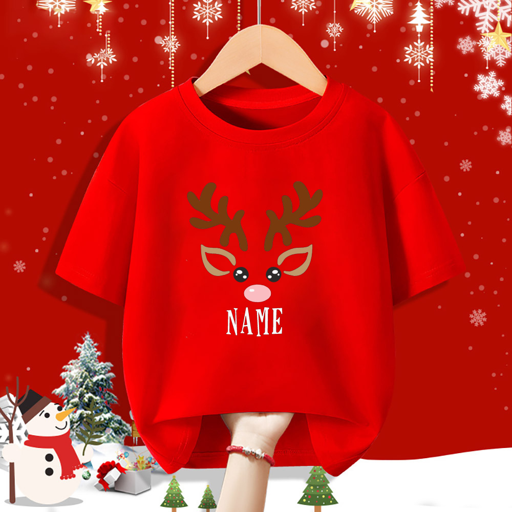 Personalisiertes Kind Weihnachten Rotes Hemd Hirsch Name Kind Kurzarm Kleidung T-Shirt Geschwister Passendes Weihnachtsoutfit Kinder T-Shirts – Detail 6