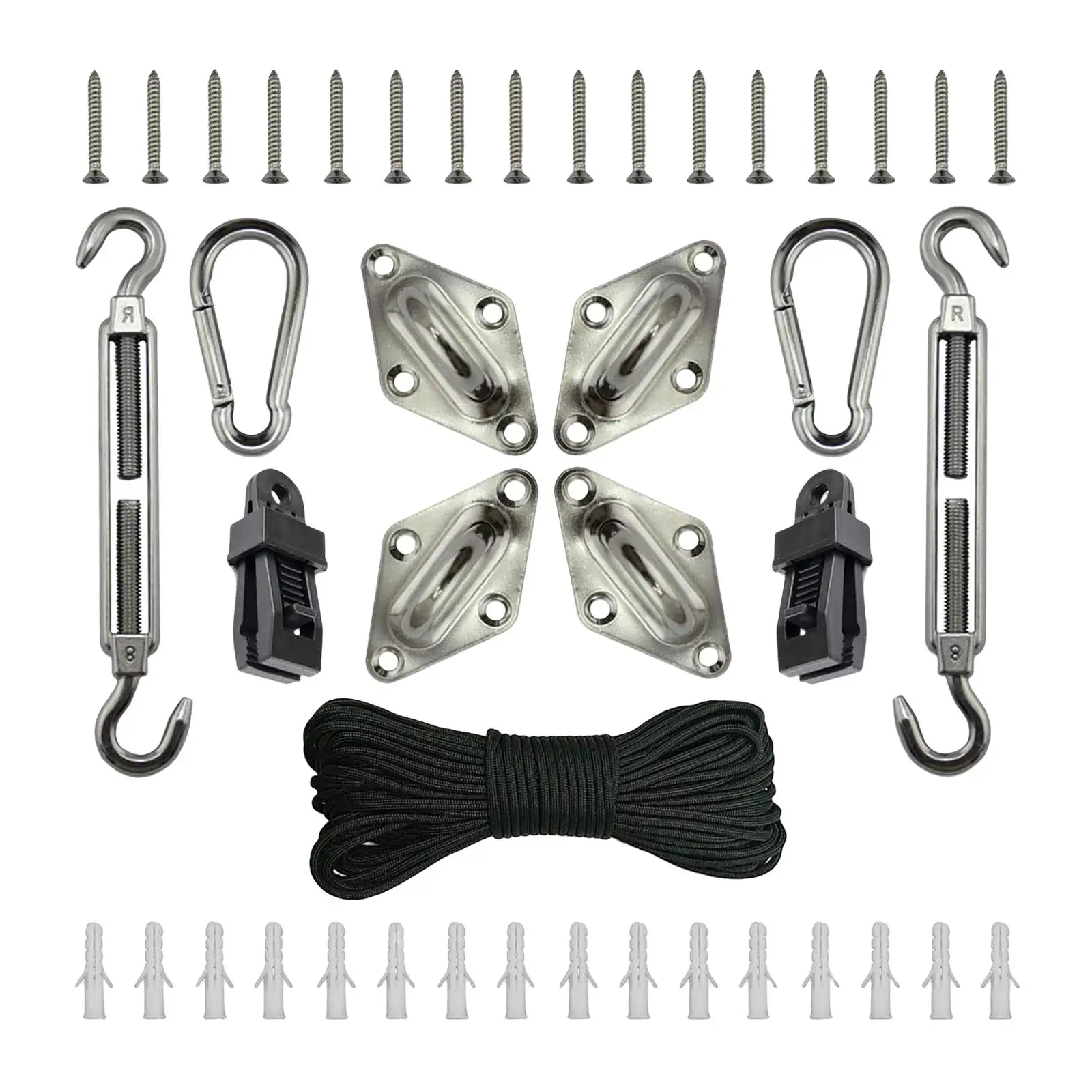 shade sail Hardware Kit 43 Pieces for Garden, Trees, Wall, Porch Metal Material Durable Sturdy Outdoor with 10M Rope