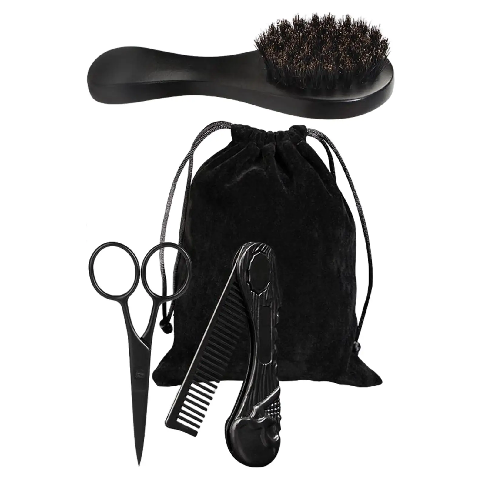 3x Professional Beard Care Kit for Men Gift Wooden Folding Comb Brush Mustache Scissors for Travel Men`s Home Beard Grooming Kit