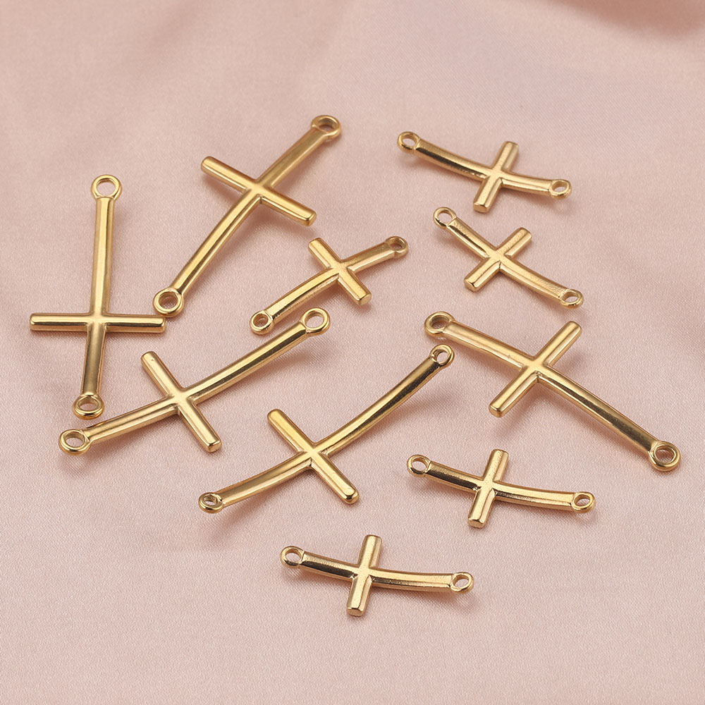 10 Stück vergoldete Doppelloch-Biegekreuz-Charm-Anhänger aus Edelstahl für DIY-Schmuckherstellung, Zubehör – Detail 6