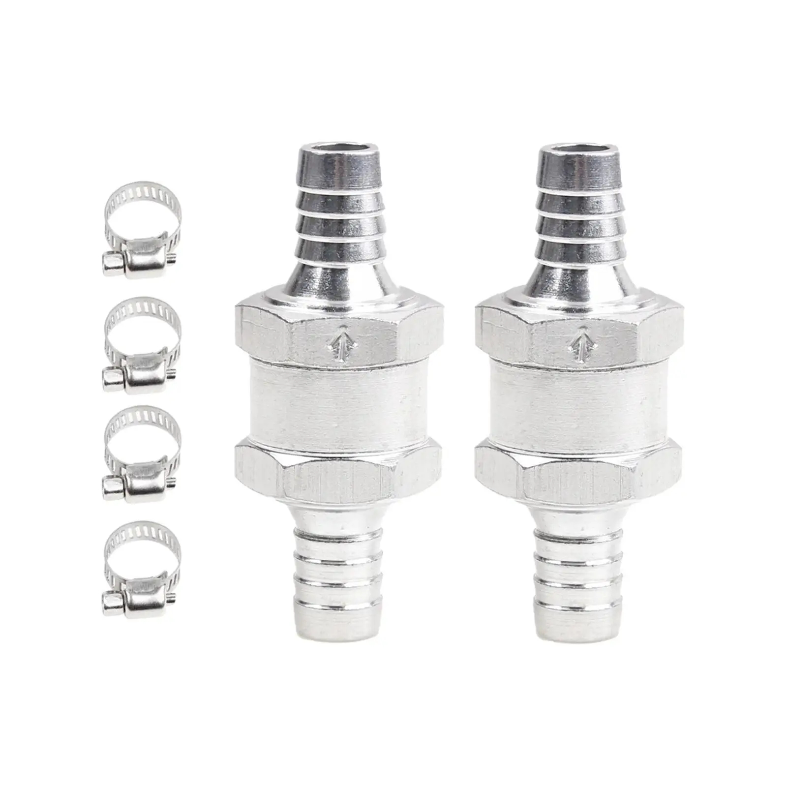 2x Non Return Check Valve Aluminium with 4 Hose Clamps Clips Car Accessory for Petrol Fuel Line Oil Water Gasoline Ships