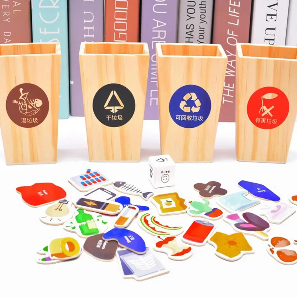 Wooden Trash , Kids Garbage Classification Learning Toys, Mini Sorting Bin Kids Toddlers, 4Pcs Garbage Cans & Learning Cards