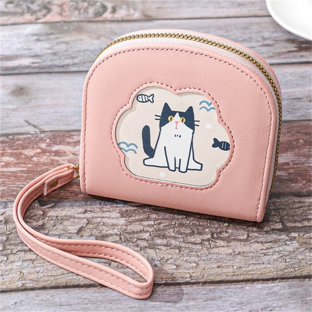 Cute Cat Pattern Embroidered Half Round Wallet with Wrist Strap