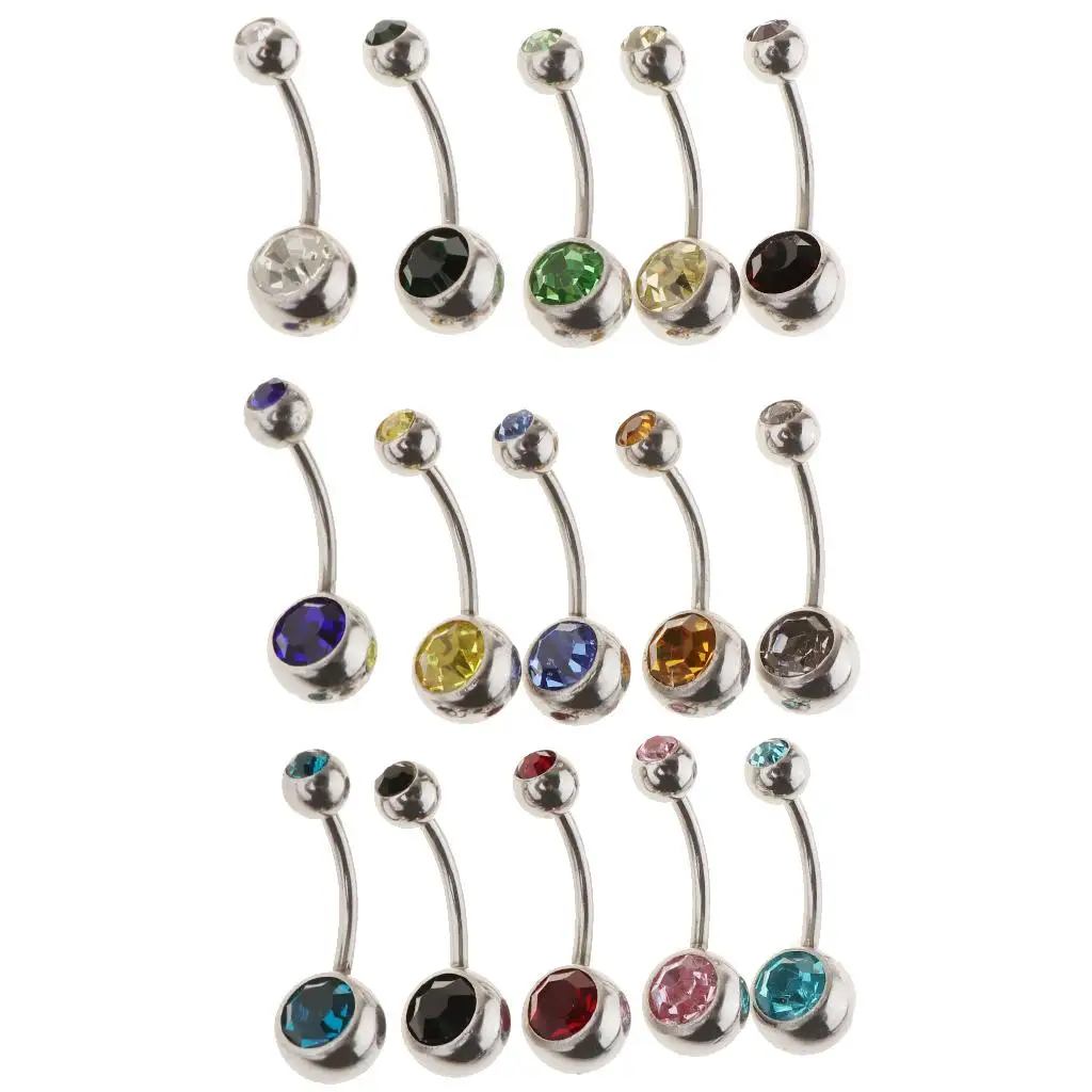 15Pcs Fashion Multicolor Crystal Navel Barbell Women Belly Button Rings - 18g