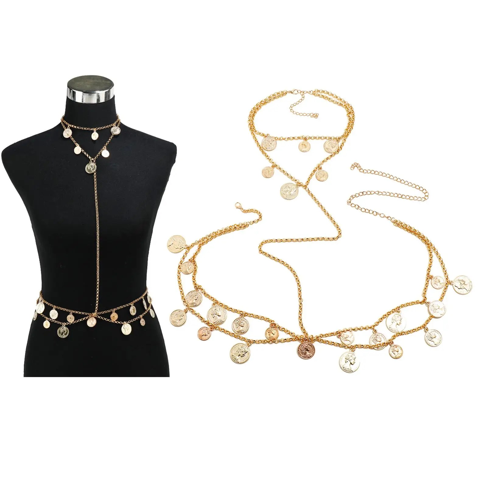 Body Chain Fashion Jewelry Alloy Multi-Level Gold Golden Coin Pendant Waist Chain Necklace for Gift Beach Nightclub Girls Women
